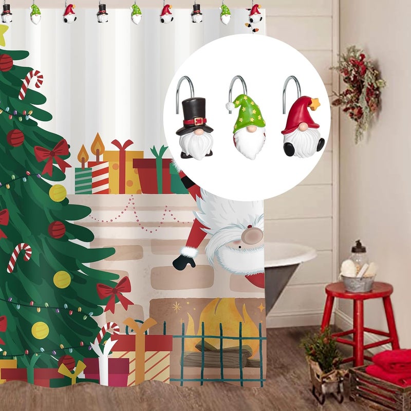 Sunlit Christmas Shower Curtain Hooks, Gnome Shower Curtain Rings, Hand Painted Resin Christmas Decor, Winter Bathroom Decoration, Black Green Red with Star, Set of 12 - Image 4